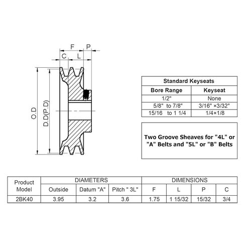 2BK40-5/8 بكرة أخدود مزدوجة ، الخامس بكرة الحزام 5/8 بوصة التجويف 3.95 "OD ، حديد بكرة المحرك من الفأس B BX 4L 5L V-BELTS ، 2BK40X5/8 بكرة in Saudi Arabia
