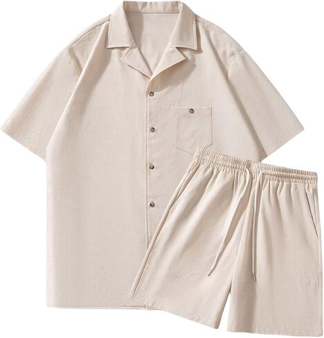 GORGLITTER Men's 2 Piece Outfits Linen Short Sleeve Button Down Shirt and Shorts Sets in Saudi Arabia