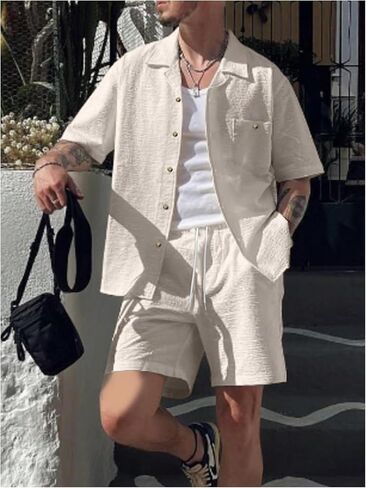 GORGLITTER Men's 2 Piece Outfits Linen Short Sleeve Button Down Shirt and Shorts Sets in Saudi Arabia
