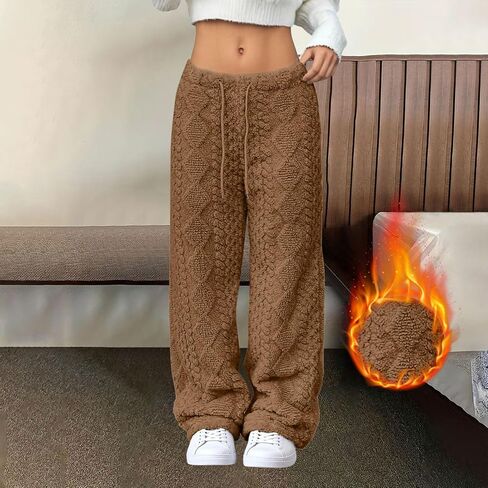 Women's Fuzzy Lounge Pants Drawstring Elastic High Waist Straight Leg Warm Solid Color Comfy Loose Cute Pj Bottoms in Saudi Arabia