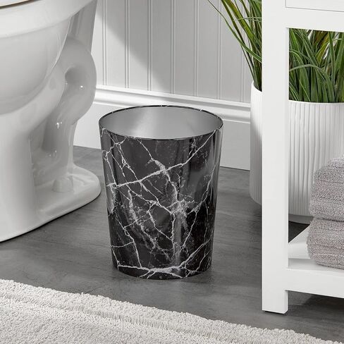 mDesign Round Metal Small 1.7 Gallon Recycle Trash Can Wastebasket, Garbage Container Bin for Bathrooms, Kitchen, Bedroom, Home Office - Durable Stainless Steel - Mirri Collection - White Marble in Saudi Arabia