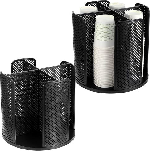 2 Pcs Rotating Paper Cup Dispenser, Cup Holder with 4 Compartments, Disposable Coffee Cup Dispenser Removable, Plastic Cup Storage & Lid Holder for Countertops, Kitchen, Coffee Stations (Black) in Kuwait