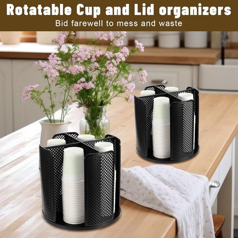2 Pcs Rotating Paper Cup Dispenser, Cup Holder with 4 Compartments, Disposable Coffee Cup Dispenser Removable, Plastic Cup Storage & Lid Holder for Countertops, Kitchen, Coffee Stations (Black) in Kuwait