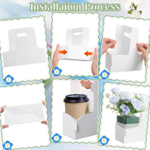 Chunful 12 Set 2 Cup Drink Carrier with Handle Flower Foam Removable Plastic Liner Kraft Paper Flower Gift Bags Portable Cardboard Coffee Cup Holder for Wedding Birthday Party Gift (Brown) in Saudi Arabia