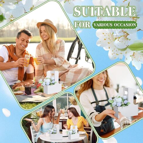 Chunful 12 Set 2 Cup Drink Carrier with Handle Flower Foam Removable Plastic Liner Kraft Paper Flower Gift Bags Portable Cardboard Coffee Cup Holder for Wedding Birthday Party Gift (Brown) in Saudi Arabia