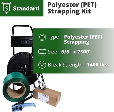 معيار تغليف IDL 5/8 "× 2300 بوليستر (PET) طقم مع عربة ، 1400 رطل قوة كسر - حل ملحق التغليف الكامل - حزام وأختام ما يكفي ل 500 استخدامات قبل إعادة الملء in Saudi Arabia