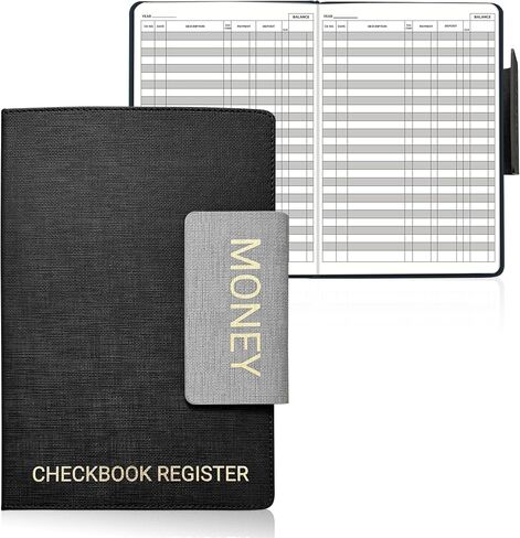 Luxury Linen Checkbook Register–10"x7" Velvety-Feel Hardcover, Shiny Gold Foil, 3 Ribbons, 60 Double-Sided Pages, 120gsm Paper, 3,360 Entries, Large Print, Lay-Flat Design in Saudi Arabia