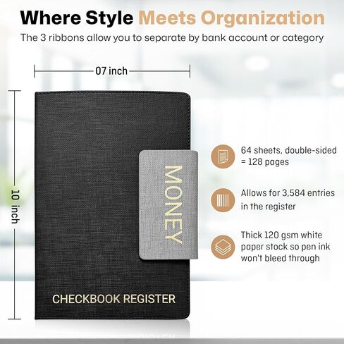 Luxury Linen Checkbook Register–10"x7" Velvety-Feel Hardcover, Shiny Gold Foil, 3 Ribbons, 60 Double-Sided Pages, 120gsm Paper, 3,360 Entries, Large Print, Lay-Flat Design in Saudi Arabia