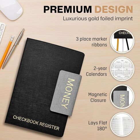 Luxury Linen Checkbook Register–10"x7" Velvety-Feel Hardcover, Shiny Gold Foil, 3 Ribbons, 60 Double-Sided Pages, 120gsm Paper, 3,360 Entries, Large Print, Lay-Flat Design in Saudi Arabia