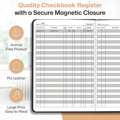Luxury Linen Checkbook Register–10"x7" Velvety-Feel Hardcover, Shiny Gold Foil, 3 Ribbons, 60 Double-Sided Pages, 120gsm Paper, 3,360 Entries, Large Print, Lay-Flat Design in Saudi Arabia