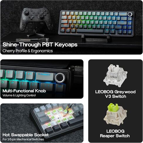 Epomaker X Aula F65 Pro Wireless Mechanical Gaming Keyboard و Hot-Swap و 5 طبقات حشوة وحشية كريمية ومقبض ومفتاح PBT من خلال اللمعان ، RGB ، BT/2.4GHz/USB-C (طبوغرافية أسود ، مفتاح ICESOUL) in Kuwait