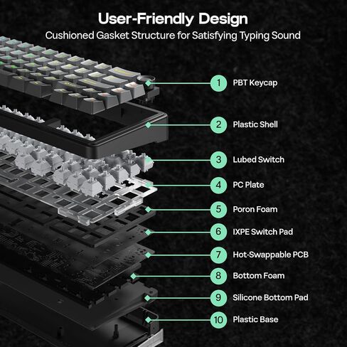 Epomaker X Aula F65 Pro Wireless Mechanical Gaming Keyboard و Hot-Swap و 5 طبقات حشوة وحشية كريمية ومقبض ومفتاح PBT من خلال اللمعان ، RGB ، BT/2.4GHz/USB-C (طبوغرافية أسود ، مفتاح ICESOUL) in Kuwait