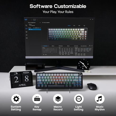 Epomaker X Aula F65 Pro Wireless Mechanical Gaming Keyboard و Hot-Swap و 5 طبقات حشوة وحشية كريمية ومقبض ومفتاح PBT من خلال اللمعان ، RGB ، BT/2.4GHz/USB-C (طبوغرافية أسود ، مفتاح ICESOUL) in Kuwait