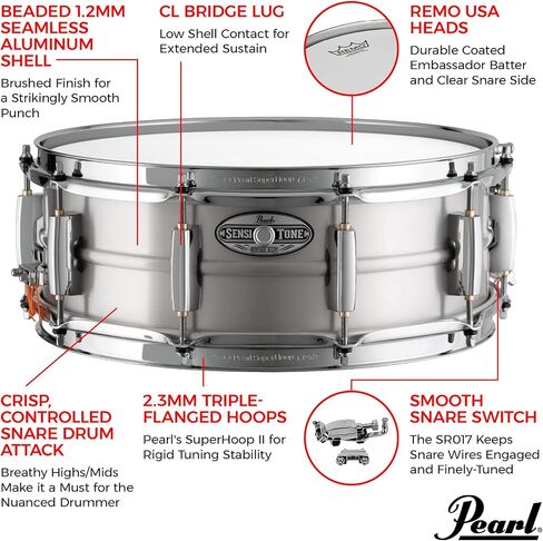 Pearl 14 "X5" Sensitone Heritage Aluminium Snare Drum مع قذيفة مطرز ، وأطواق ثلاثية ممرات ، و 10 عروات مقوسة CL in Saudi Arabia