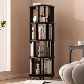 Solid Wood Rotating Bookshelf on Wheels, 6 Tier, Round Revolving Bookcase, 360° Spinning Book Shelf Tower for Kids, Narrow Rolling Bookshelves for Small Space, Corner, Bedroom, Office, Walnut in Kuwait