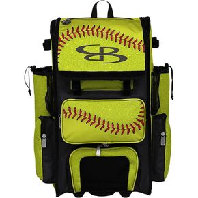 Boombah Rolling Superpack 2.0 Baseball/Softball Gear Bag - 23-1/2" x 13-1/2" x 9-1/2" - Softball 2.0 Optic Yellow/Red/Black - Telescopic Handle - Holds 4 Bats - Wheeled Version in Kuwait