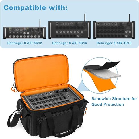 Padded Mixer Carry Bag Compatible with Behringer X-AIR Series Mixers XR12, XR16, XR18, Double Layer DJ Gig Bag with Multiple Pockets for Accessories, Audio Case with Shoulder Strap, Black in Saudi Arabia