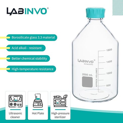 Glass Round Media Bottles, 2PCS of Vol.1000ml Borosilicate Glass Reagent Storage Bottle with GL45 Screw Cap, IN-RB1000B in Kuwait