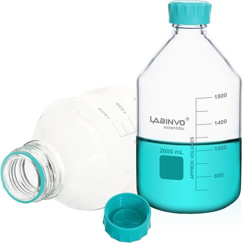 Glass Round Media Bottles, 2PCS of Vol.1000ml Borosilicate Glass Reagent Storage Bottle with GL45 Screw Cap, IN-RB1000B in Kuwait