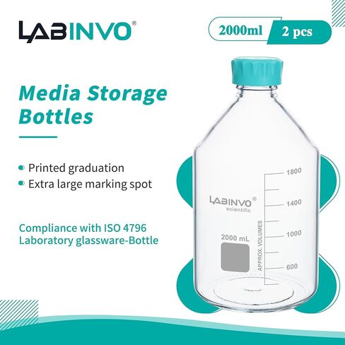 Glass Round Media Bottles, 2PCS of Vol.1000ml Borosilicate Glass Reagent Storage Bottle with GL45 Screw Cap, IN-RB1000B in Kuwait