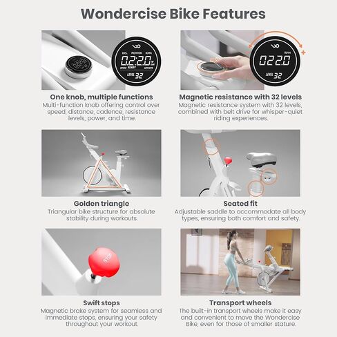 دراجة تدريبات الدراجات الداخلية Wonder Core ، دراجة Wondercise - دولاب الموازنة 13.2 رطل ، مقاومة 32 مستوى ، محرك الحزام الصامت ، اتصال Bluetooth ، حامل اللوحي ، مقعد/مقود قابل للتعديل (أبيض) in Kuwait