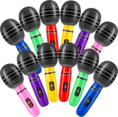 Inflatable Microphones for Parties - (Pack of 12) 10-inch Neon Colors Blow Up Microphone for Kids, Party Favors, Giveaways, DJ-Props, Photo-Booth, Birthdays, Dance, Sing Concert, Karaoke Decorations in Saudi Arabia