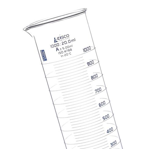 Eisco Labs - Measuring Cylinder, 1000mL - Class A - Squat Form, ISO 4788 Certified, Graduated Glass Cylinder for Lab Use, Precise Liquid Measurement, Scientific Glassware for Chemistry & Research Labs in Saudi Arabia