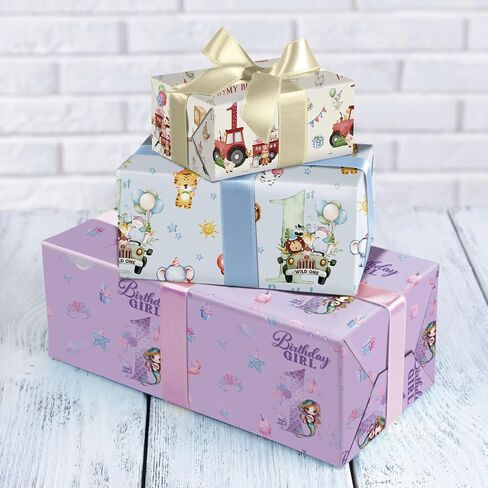 WRAPLULU Animals 1st Birthday Wrapping Paper - 4 Jumbo Sheets, 28 * 40 Inches - Blue Safari Jungle Zoo Animal Gift Wrap Gift Wrap, Perfect for Baby Boy First Birthday's Party or Baby Shower in Saudi Arabia