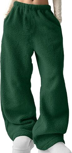 نساء بالإضافة إلى سراويل غامضة غامضة الخصر المرن عريض الساق الصلب دافئ الصوف بانت صالة بيجاما مع جيوب in Kuwait