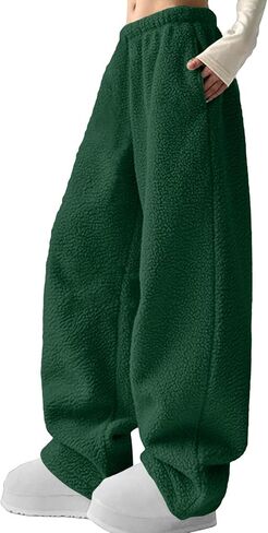 نساء بالإضافة إلى سراويل غامضة غامضة الخصر المرن عريض الساق الصلب دافئ الصوف بانت صالة بيجاما مع جيوب in Kuwait