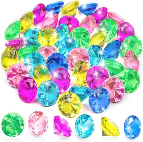 60pcs Diving Gems Pool Toys, Colorful Acrylic Diamond Pirate Treasure and Mermaid Pool Play Set with Mesh Bag, Underwater Gem Diving Toys and Ocean Sensory Bin Filler in Kuwait