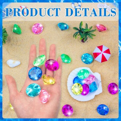60pcs Diving Gems Pool Toys, Colorful Acrylic Diamond Pirate Treasure and Mermaid Pool Play Set with Mesh Bag, Underwater Gem Diving Toys and Ocean Sensory Bin Filler in Kuwait