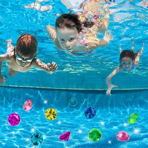 60pcs Diving Gems Pool Toys, Colorful Acrylic Diamond Pirate Treasure and Mermaid Pool Play Set with Mesh Bag, Underwater Gem Diving Toys and Ocean Sensory Bin Filler in Kuwait