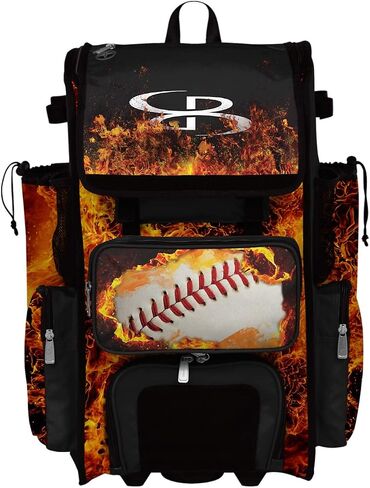 Boombah Rolling Superpack 2.0 Baseball/Softball Gear Bag - 23-1/2" x 13-1/2" x 9-1/2" - Baseball Fire Ball Black/Orange/White - Telescopic Handle - Holds 4 Bats - Wheeled Version in Saudi Arabia