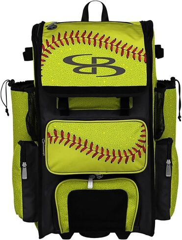 Boombah Rolling Superpack 2.0 Baseball/Softball Gear Bag - 23-1/2 "× 13-1/2" × 9-1/2 " - Softball 2.0 Optic Yellow/Red/Black - مقبض تلسكوبي - يحمل 4 خفافيش - نسخة ذات عجلات in Saudi Arabia