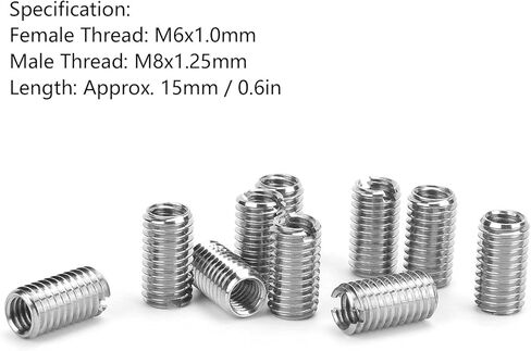 10Pcs Inner M6*1.0 Outer M8*1.25 Length 15mm Sloted Thread Inserts in Saudi Arabia
