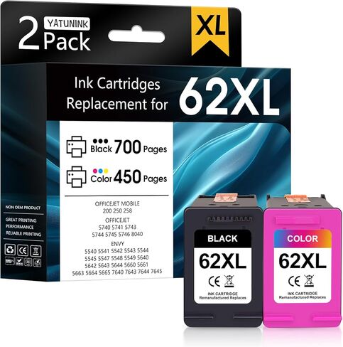 حزمة التحرير والسرطان حبر حبر 62XL متوافقة مع HP Ink 62 62XL حبر خراطيش تعمل مع ENVY 7640 5540 7645 5660 OfficeJet Mobile 200 250 OfficeJet 5740 8040 5745 7644 (Black and Color) 2 Pack in Kuwait