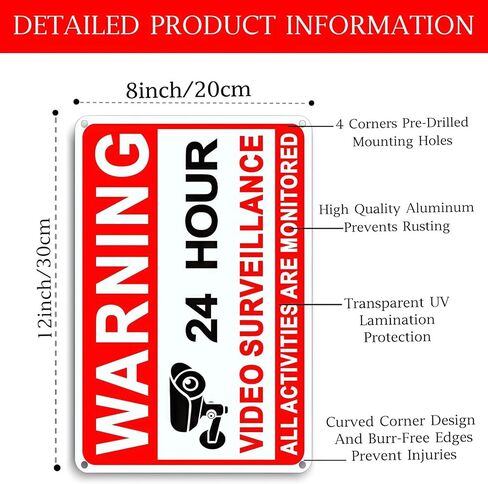 4 علامات مراقبة الفيديو حزمة ، علامات كاميرا الألومنيوم 8 × 12 بوصة ، علامة كاميرا أمان CCTV ، مصنوعة من مواد عاكسة ، متينة ، مقاومة للطقس ، سهلة التثبيت ، مناسبة للاستخدام المنزلي/الأعمال in Kuwait