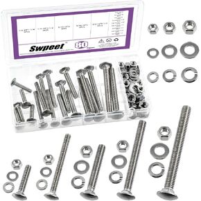 Swpeet 80Pcs 5 Sizes 1/4", 5/16", 3/8", Carriage Bolts Screws Nut Washer Assortment Kit, 304 Stainless Steel Round Head Square Neck Screws, Full Thread Carriage Bolts, Hex Nuts, Flat/Lock Washers in Kuwait