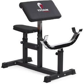 Titan Fitness Adjustable Preacher Curl Weight Station, 250 LB Capacity, Adjustable Bench Seat, Adjustable Arm Rest, Durable Bar Catches, Seated Home Gym Barbell and Dumbbell Biceps Station in Kuwait