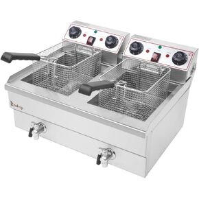 EH102V 24.9QT Commercial Stainless Steel Double Tank Deep Fryer 3400W with Timer & Faucet - Heavy Duty for Restaurants, Home Use (2x8L Basket, Oil Drain System) in Saudi Arabia