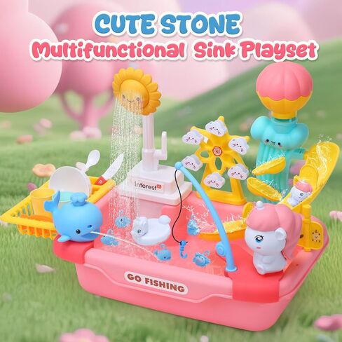 CUTE STONE Kids Pretend Play Sink with Running Water, Toddler Sink Toy with Upgraded Electric Faucet, Play Kitchen Accessories, Cooking Stove, Vegetable Garden Toys, STEM Learning Gift for Ages 3+ in Kuwait