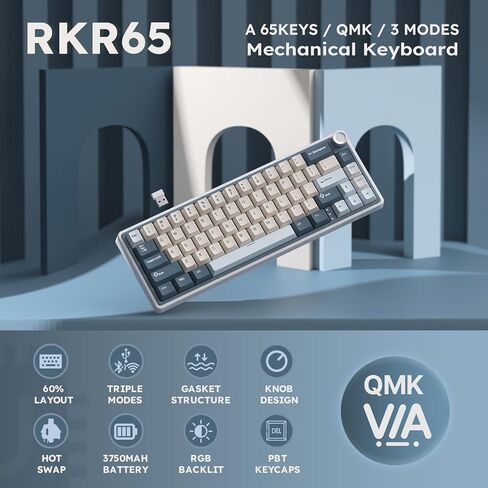 RK Royal Kludge R65 لوحة مفاتيح ميكانيكية لاسلكية مع مقبض حجم ، 60 ٪ من لوحة مفاتيح ألعاب ، Tri-Mode 2.4GHz/USB-C/BT ، MASTEL in Kuwait
