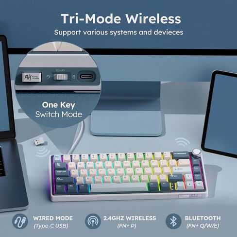 RK Royal Kludge R65 لوحة مفاتيح ميكانيكية لاسلكية مع مقبض حجم ، 60 ٪ من لوحة مفاتيح ألعاب ، Tri-Mode 2.4GHz/USB-C/BT ، MASTEL in Kuwait
