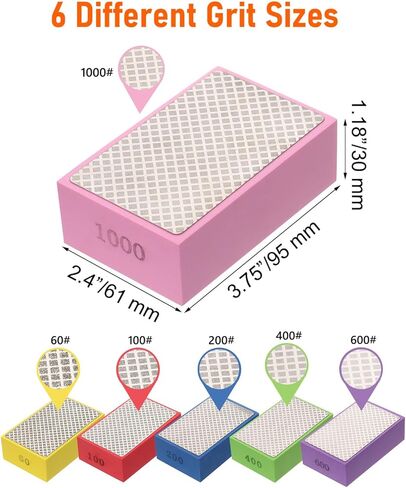 6 Pack Diamond Hand Polishing Pads, Diamond Sanding Pads with Foam Backing 60/100/200/400/600/1000 Grit, Sanding Block for Glass Wood Ceramic Marble Metal Tile Tools. in Kuwait
