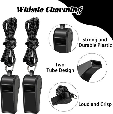 48 Pcs Coach Whistle with Lanyard Lifeguard Whistles Bulk Plastic Sports Loud Referee Whistle for Adults Emergency Teachers Training (Black) in Kuwait