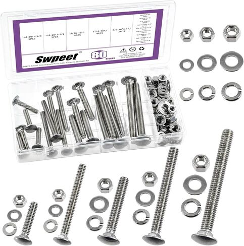 Swpeet 80Pcs 5 Sizes 1/4", 5/16", 3/8", Carriage Bolts Screws Nut Washer Assortment Kit, 304 Stainless Steel Round Head Square Neck Screws, Full Thread Carriage Bolts, Hex Nuts, Flat/Lock Washers in Saudi Arabia