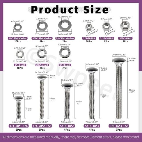 Swpeet 80Pcs 5 Sizes 1/4", 5/16", 3/8", Carriage Bolts Screws Nut Washer Assortment Kit, 304 Stainless Steel Round Head Square Neck Screws, Full Thread Carriage Bolts, Hex Nuts, Flat/Lock Washers in Saudi Arabia