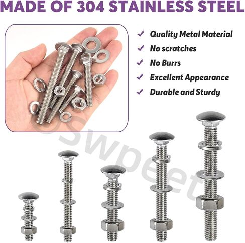 Swpeet 80Pcs 5 Sizes 1/4", 5/16", 3/8", Carriage Bolts Screws Nut Washer Assortment Kit, 304 Stainless Steel Round Head Square Neck Screws, Full Thread Carriage Bolts, Hex Nuts, Flat/Lock Washers in Saudi Arabia