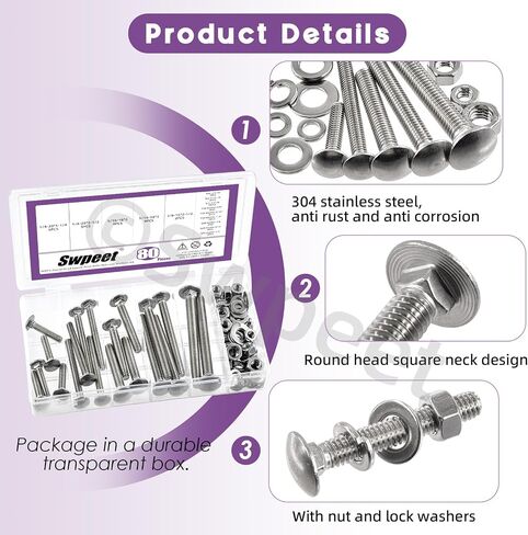Swpeet 80Pcs 5 Sizes 1/4", 5/16", 3/8", Carriage Bolts Screws Nut Washer Assortment Kit, 304 Stainless Steel Round Head Square Neck Screws, Full Thread Carriage Bolts, Hex Nuts, Flat/Lock Washers in Saudi Arabia